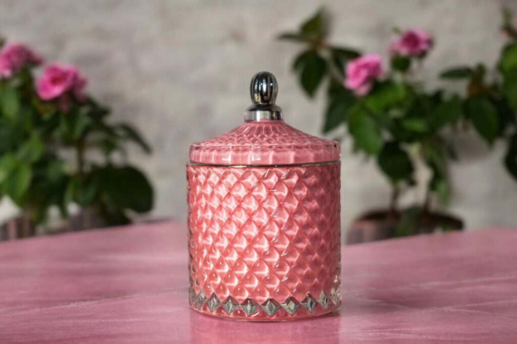 Lumânare parfumată Large Blush, cu recipient roz elegant, perfectă pentru decor și relaxare.