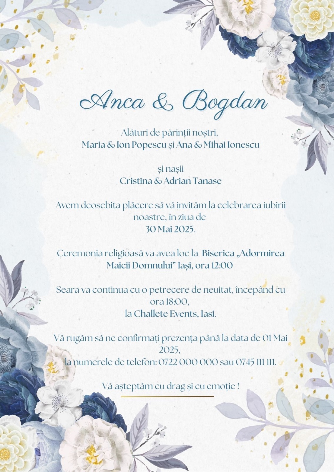 Invitatie nunta Blue elegance